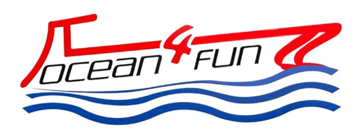 Logo with 'Ocean 4 Fun' and wave design in red and blue.