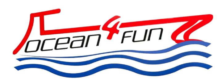 Stylized boat design with 'Ocean 4 Fun' text and blue waves.